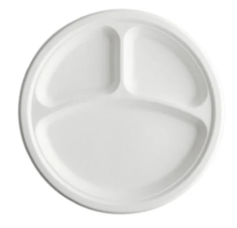 9” 3 Compartment Biodegradable Round Plate (500/Case)
