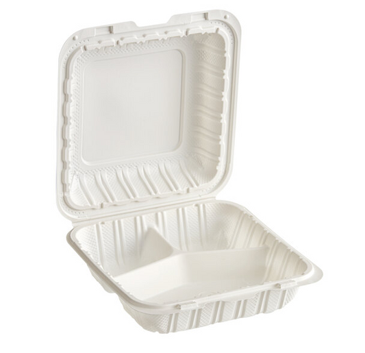 Wellcare 8" x 8" - 3 Compartment Mineral Filled PP Hinged Containers (150/Case) - PW83