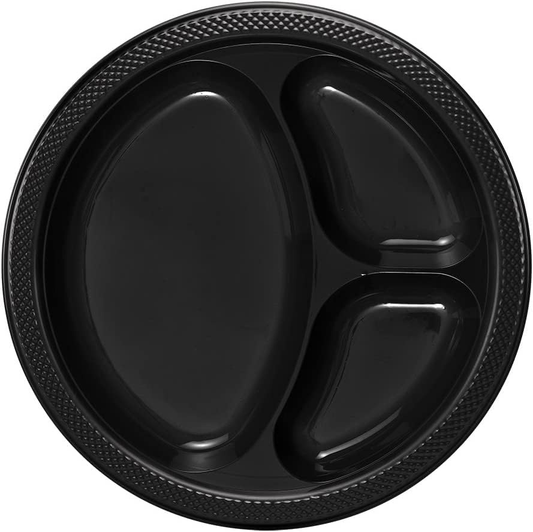 10" - 3 Compartment Microwaveable Mineral-Filled Plastic Plate, Black [400 Pack]